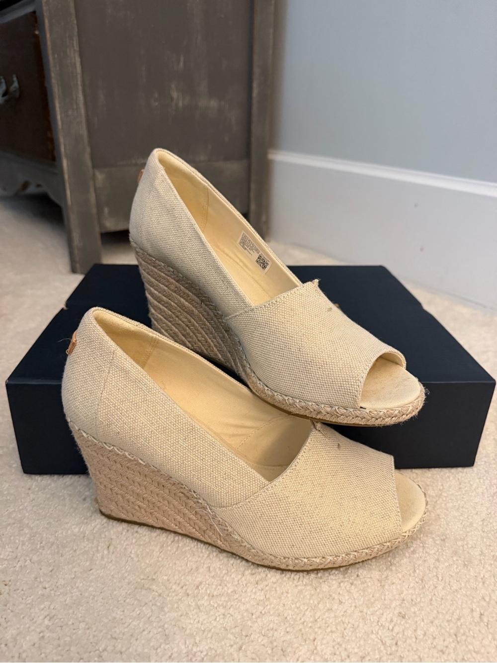 Toms Beige Canvas Peep-Toe Espadrille Wedges